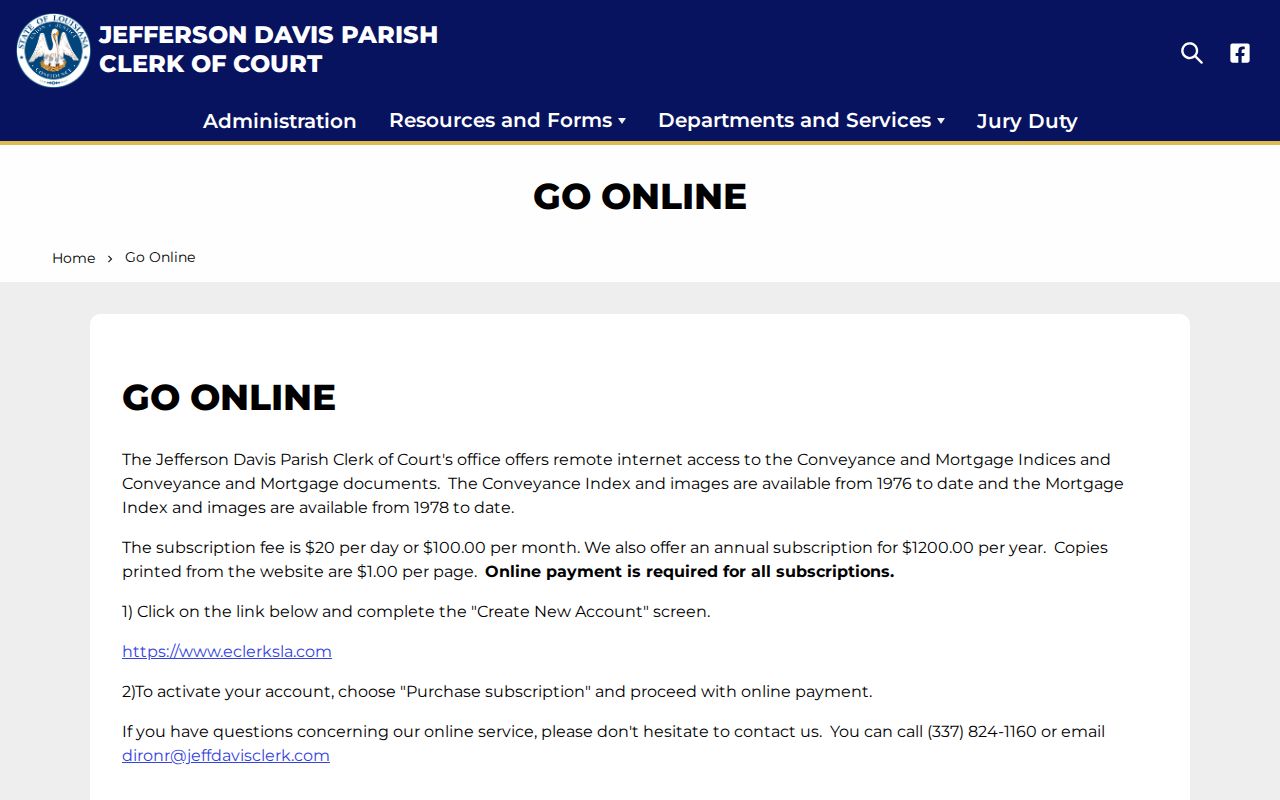 Jefferson Davis Parish Clerk Go Online page used to distinguish web services from a public case search