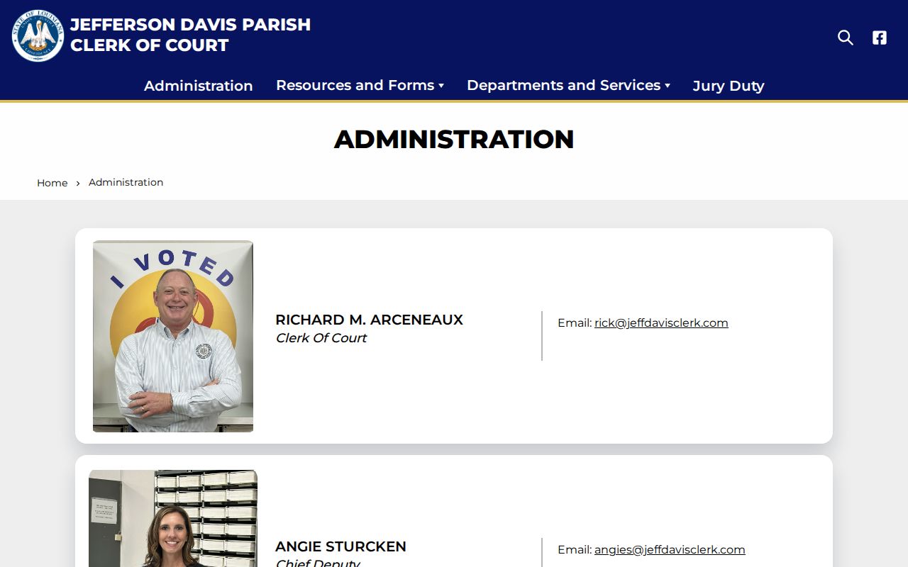 Jefferson Davis Parish Clerk administration page for the office that maintains district court records