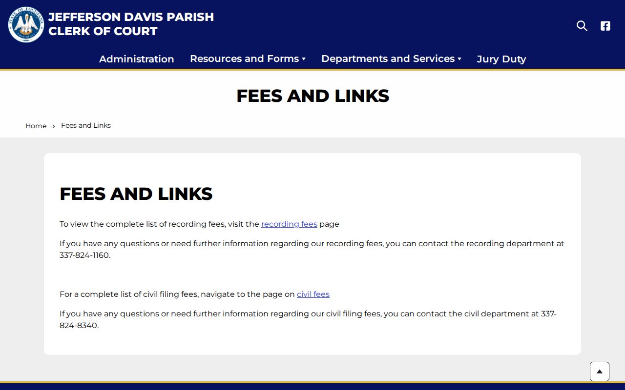 Jefferson Davis Parish civil docket clerk fees and links page