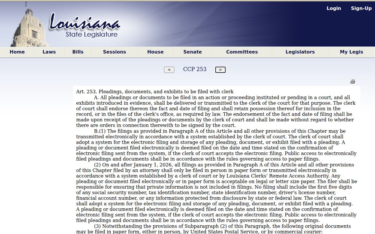 Jefferson Davis Parish civil docket Louisiana Code of Civil Procedure article 253