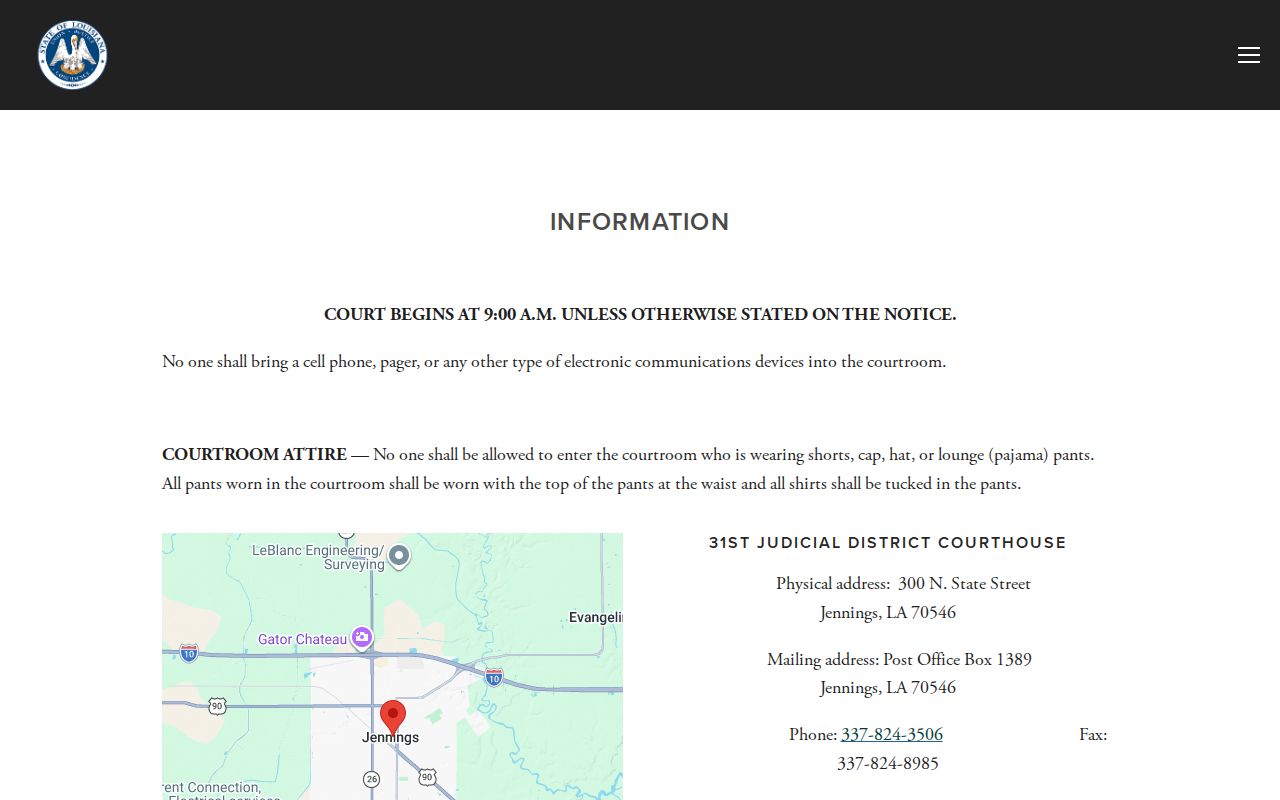 Jefferson Davis Parish court schedule Thirty-First Judicial District Court information page