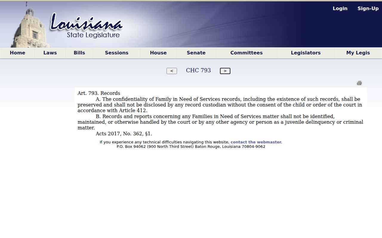 Louisiana Children's Code article 793 source for Jefferson Davis Parish FINS record confidentiality