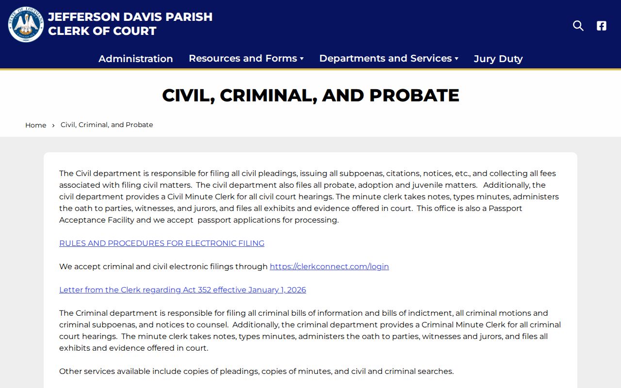 Jefferson Davis Parish criminal docket clerk civil and criminal records page