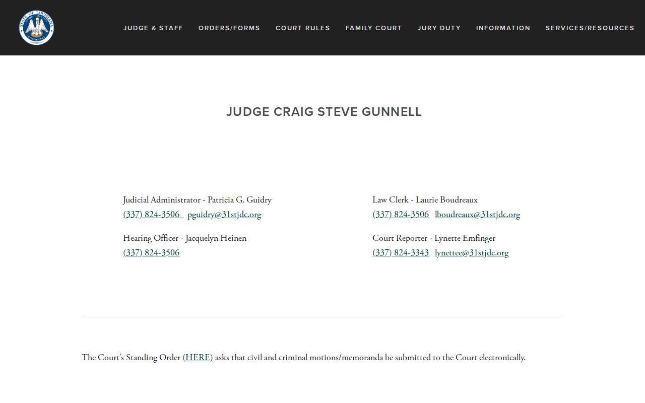 Jefferson Davis Parish criminal docket Thirty-First Judicial District Court judge and staff contact page