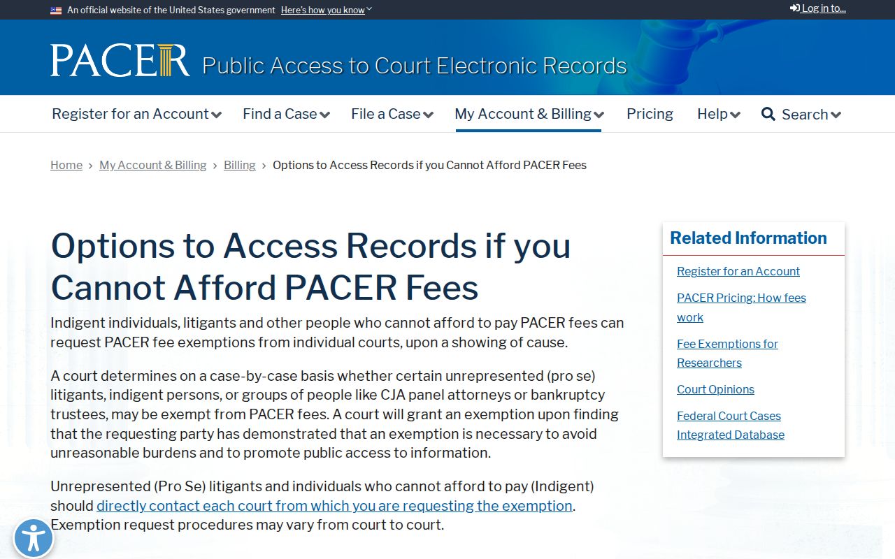 Fenton court docket PACER federal fee waiver options