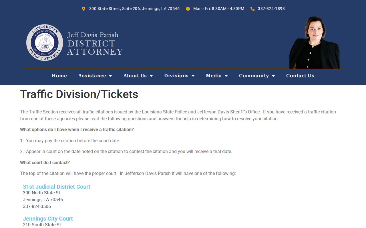 Jefferson Davis Parish District Attorney traffic division page describing citation venue and response routes