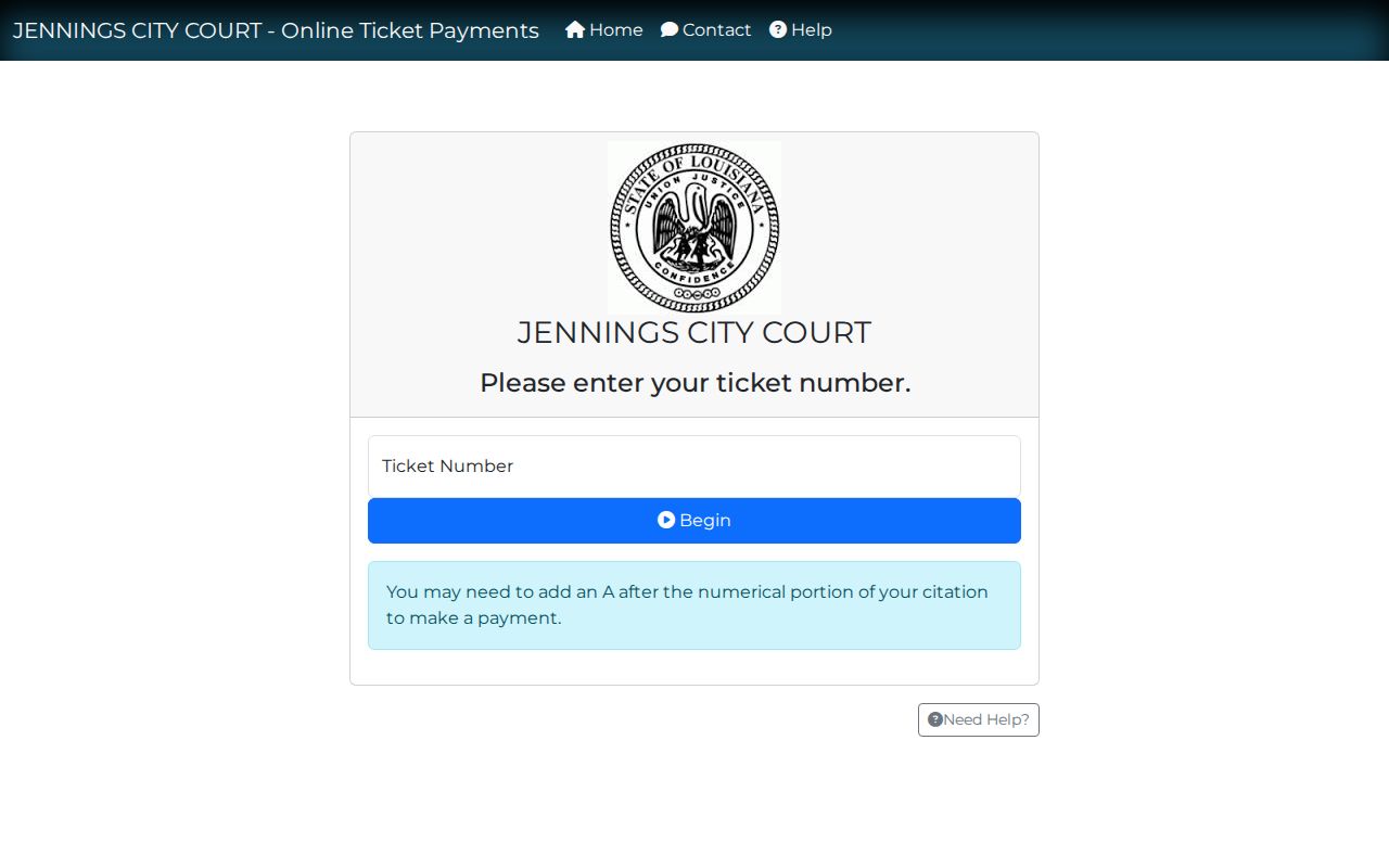 Jennings City Court Ticket Number search field with citation suffix instruction for Jefferson Davis Parish traffic cases