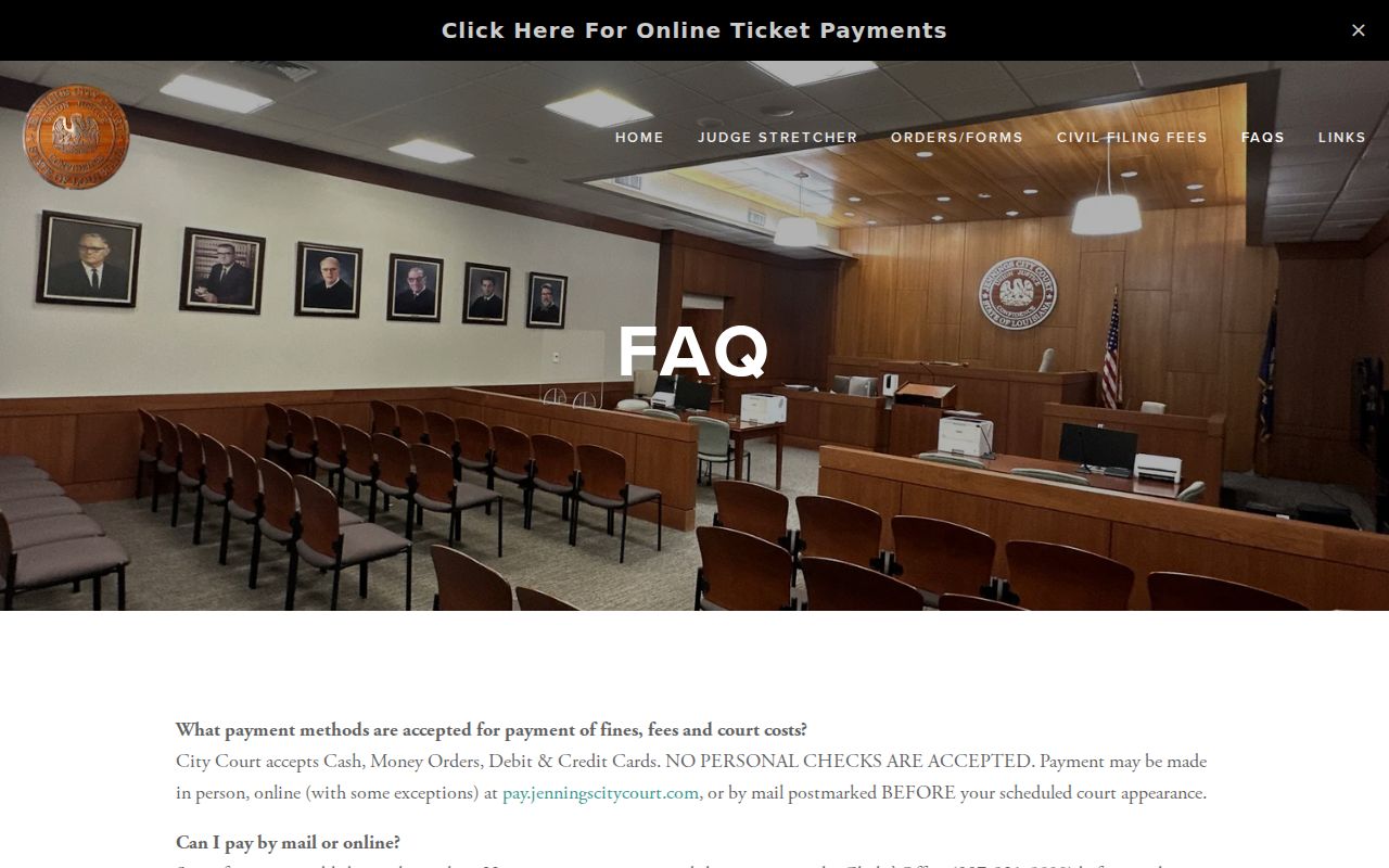 Jennings City Court FAQ page with Jefferson Davis Parish traffic payment method instructions