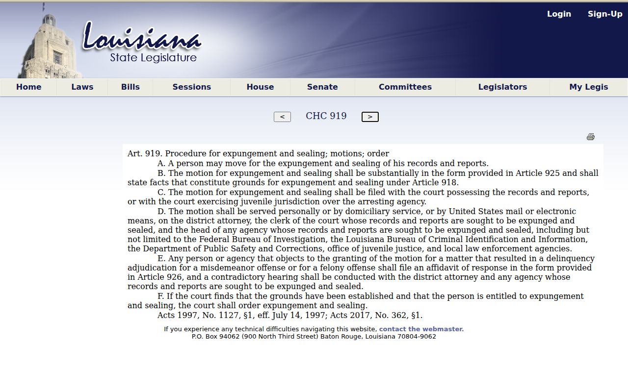 Louisiana Code of Criminal Procedure article 919 source for Jefferson Davis Parish traffic court record access limits